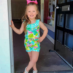 AnnLoren Little & Big Girls Pink Flamingo Palm Tree Kids Shorts Jumpsuit