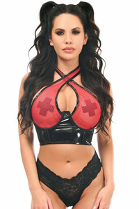 Lavish Vinyl & Fishnet Halter Top Underwire Cincher