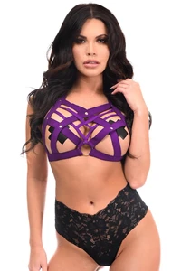 BOXED Purple Stretchy Body Harness with Gold Hardware