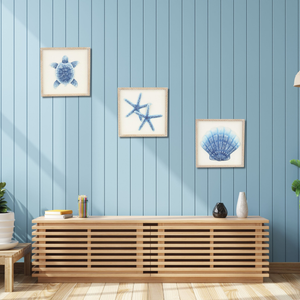 Blue and White Distressed Metal Sea Shell Brown Frame Wall Art