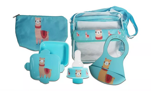 Refresh-A-Baby Feeding Essentials Kit Includes: Universal Bottle Top Adaptor Resealable Container Silicone Bib Clear Travel Bag (Llama)