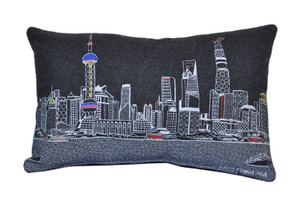 Homeroots Home Decor Shanghai Nighttime Skyline Lumbar Decorative Pillow, Black, 24 Inches