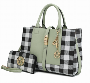 Yuliana Checkered Satchel Bag with Wallet