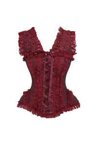 Top Drawer Red/Black Brocade & Lace Steel Boned Corset with Cap Sleeves