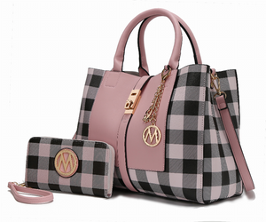 Yuliana Checkered Satchel Bag with Wallet