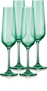 Set of Four Green Crystal Narrowing Shape Stemmed Flute