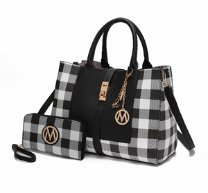 Yuliana Checkered Satchel Bag with Wallet