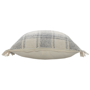 Set of Two 20" Off White And Gray Plaid Cotton Throw Pillows with Fringe