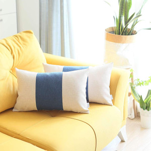 Set Of Two 20" X 12" Grey And Blue Geometric Zippered Handmade Polyester Lumbar Pillow - 606114452973