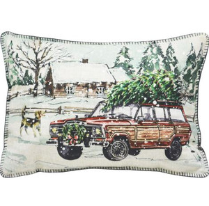 Homeroots Home Decor 13 X 18 Inches White Green Black and Red Christmas Holiday Van Zippered Polyester Throw Pillow