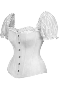 Top Drawer Steel Boned White Satin Overbust Corset with Sleeves