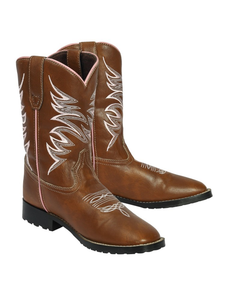 TuffRider Youth Channel Islands Square Toe Western Boot- Tan w/ Pink- 7Y