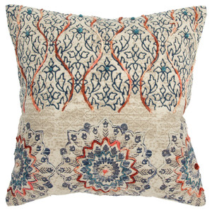 Beige Blue Distressed Floral Pattern Throw Pillow - 808230116528