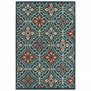 10'x13' Blue Orange Floral Lattice Indoor Outdoor Area Rug - 4512822861623