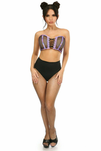 Lavish Holo & Fishnet Lace-Up Short Bustier Top