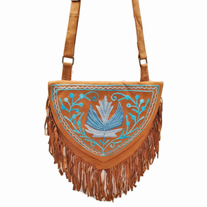 Kashida Embroidery of Bihar Suede Purse with Fringe Tassel Shoulder Bag