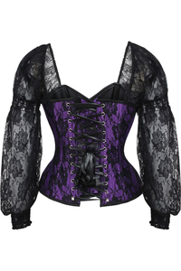 Top Drawer Purple with Black Lace Steel Boned Long Sleeve Corset