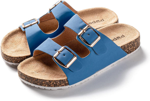 ROXONI Girls Comfort Sandals Double Buckle Adjustable Slip on Summer Slides Soft Footbed EVA Flat Slides Footbed Suede with Arch Support Non-Slip