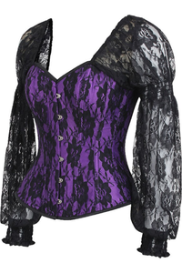 Top Drawer Purple with Black Lace Steel Boned Long Sleeve Corset