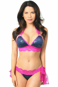 Sequin Pucker Back Bikini with Fuchsia Lace