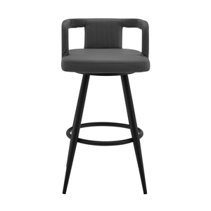 30" Gray And Black Faux Leather And Iron Swivel Low Back Bar Height Bar Chair