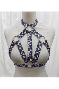 Floral Print Stretchy Body Harness with Silver Hardware