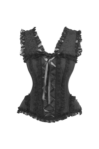 Top Drawer Black Brocade & Lace Steel Boned Corset with Cap Sleeves