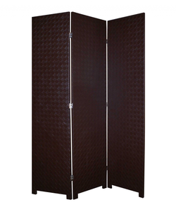 71" Brown Faux Leather Folding Three Panel Screen Room Divider