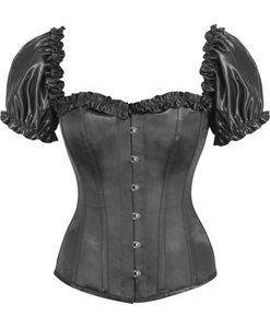 Top Drawer Steel Boned Black Satin Overbust Corset with Sleeves