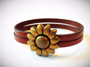 Silver/Brass Flower Leather Bracelet