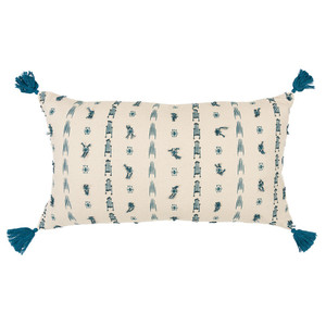 Teal Beige Tribal Inspired Tasseled Lumbar Pillow - 808230116979