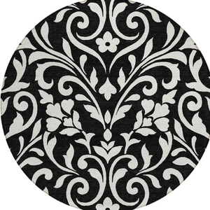 8' Black And Ivory Round Floral Washable Indoor Outdoor Area Rug - 608219070939