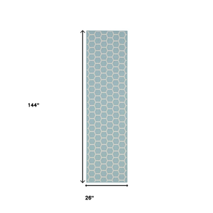 12' Aqua And Ivory Geometric Indoor Outdoor Runner Rug - 880016470598