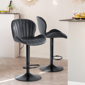 Set of Two Black Faux Leather and Aluminum Adjustable Height Swivel Bar Chairs - 880024834740