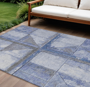 8' X 10' Denim Blue And Gray Geometric Washable Indoor Outdoor Area Rug - 880016600131