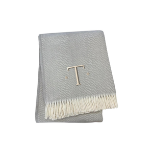Herringbone Cotton Blend T Initial Throw Blanket with Tassels Embroidery - 880016580655