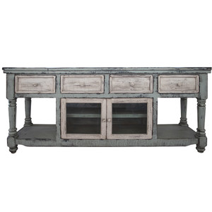 70" Blue and White Solid Wood Open shelving Distressed TV Stand - 606114745365