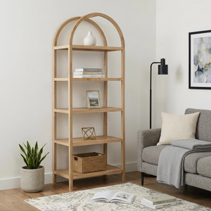 80" Natural Wood Five Tier Arched Top Bookcase - 606114705680
