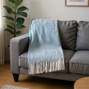 51" X 67" Blue Cotton Woven Herringbone Throw Blanket with Fringe - 880016666199