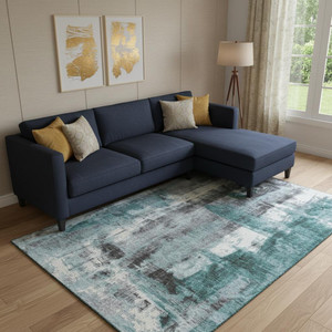 8' X 10' Teal Charcoal And Ivory Abstract Washable Area Rug With UV Protection - 880024568300