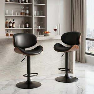 Set of Two Black and Brown Faux Leather Wood And Aluminum Adjustable Height Swivel Bar Chairs - 880016640762