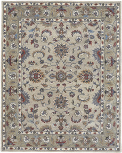 9' X 12' Ivory Taupe And Blue Wool Floral Tufted Handmade Stain Resistant Area Rug - 606114139775