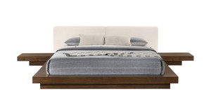 Walnut and White Wood And Faux Leather King Bed Frame With Attached Nightstands - 880016435498