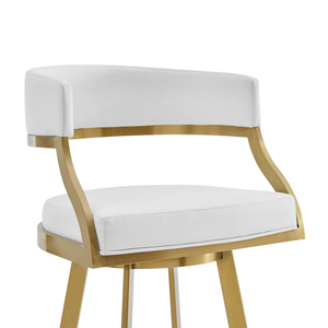 26" White and Gold Faux Leather and Stainless Steel Low Back Counter Height Swivel Bar Chair - 880016803952