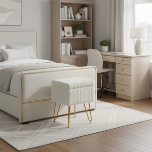 19" White and Gold Faux Fur Tufted Storage Ottoman - 880016520538