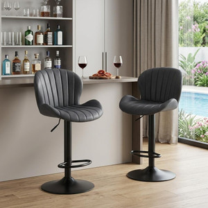Set of Two Black Faux Leather and Aluminum Adjustable Height Swivel Bar Chairs - 880024506197