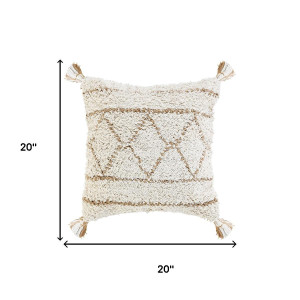 20" Ivory And Beige Geometric Cotton Blend Throw Pillow Cover with Tassels - 880016561005