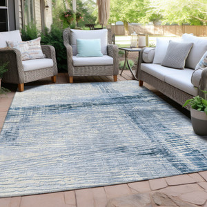 10' X 14' Sky Blue And Ivory Striped Washable Indoor Outdoor Area Rug - 880016476200