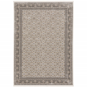 Homeroots Home Decor 8' x 11' Ivory and Grey Oriental Power Loom Stain Resistant Area Rug with Fringe