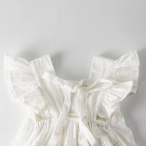 Baby Girl Belted Bow Tie Design Mesh Square Neck Solid Onesies Dress - 643491119075
